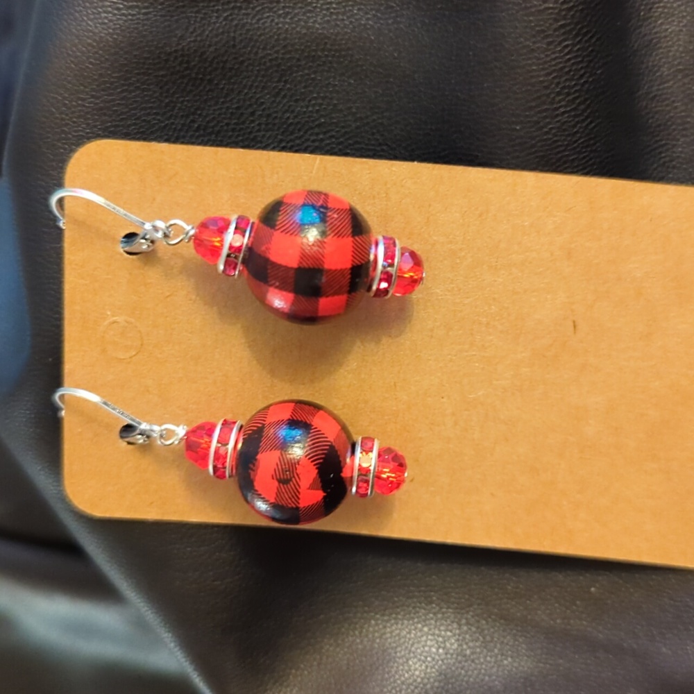 Buffalo plaid earrings red glass crystal beads